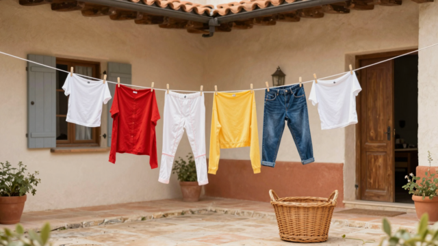 Vêtements colorés étendus à l'envers sur un fil dans une cour ombragée