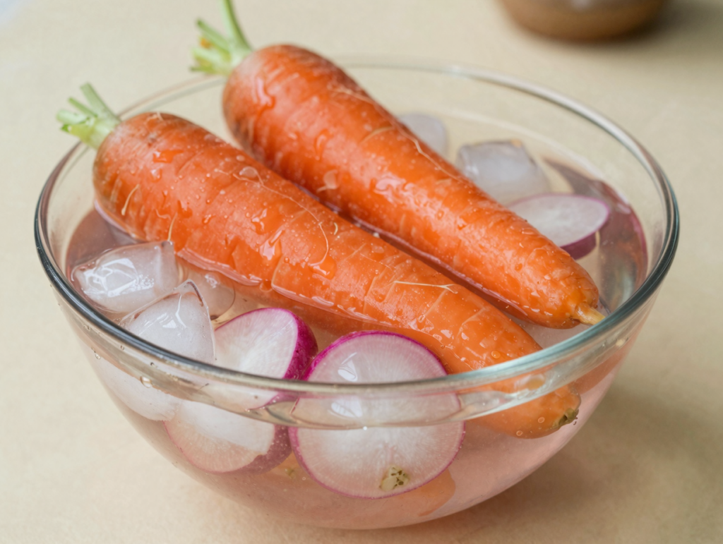 Carottes et radis ramollis immergés dans un bol d'eau glacée avec des glaçons