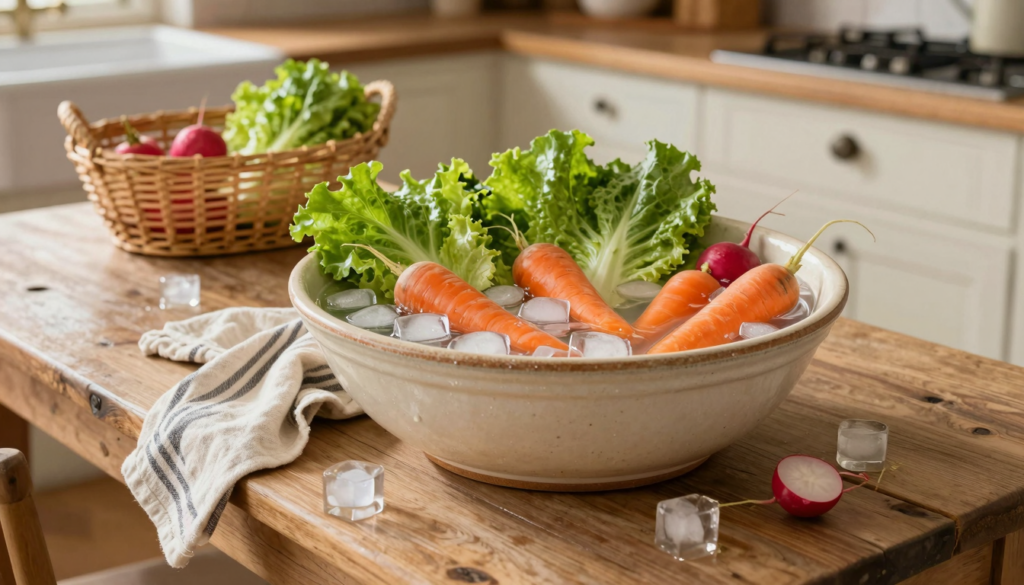 Grand saladier d'eau glacée avec carottes, radis et feuilles de laitue en train de reprendre leur croquant sur une table de cuisine