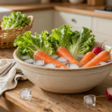 Grand saladier d'eau glacée avec carottes, radis et feuilles de laitue en train de reprendre leur croquant sur une table de cuisine