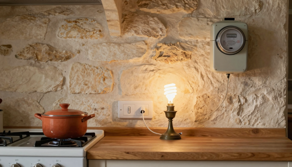 Cuisine rustique le soir avec casserole couverte, multiprise à interrupteur et lampe LED