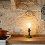 Cuisine rustique le soir avec casserole couverte, multiprise à interrupteur et lampe LED