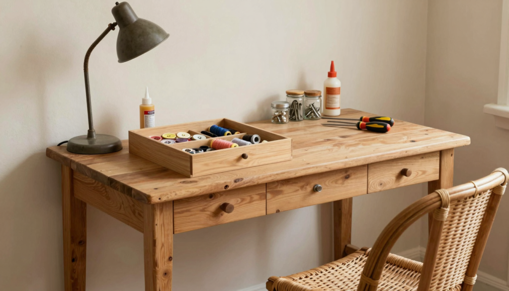 Établi en bois avec boîte à couture, tournevis, colle à bois et lampe ancienne en cours de réparation