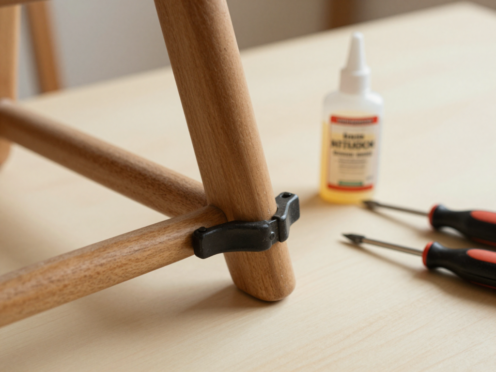 Pied de chaise en bois maintenu par un serre-joint pendant le séchage de la colle