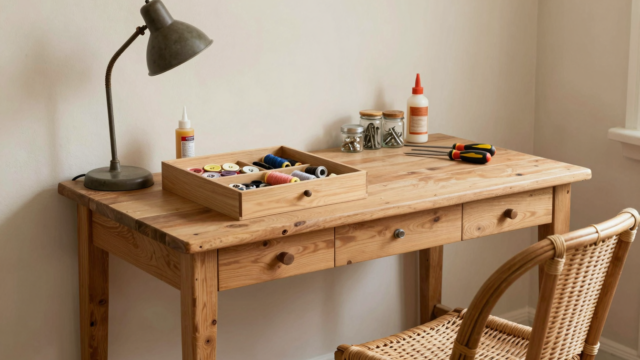 Établi en bois avec boîte à couture, tournevis, colle à bois et lampe ancienne en cours de réparation