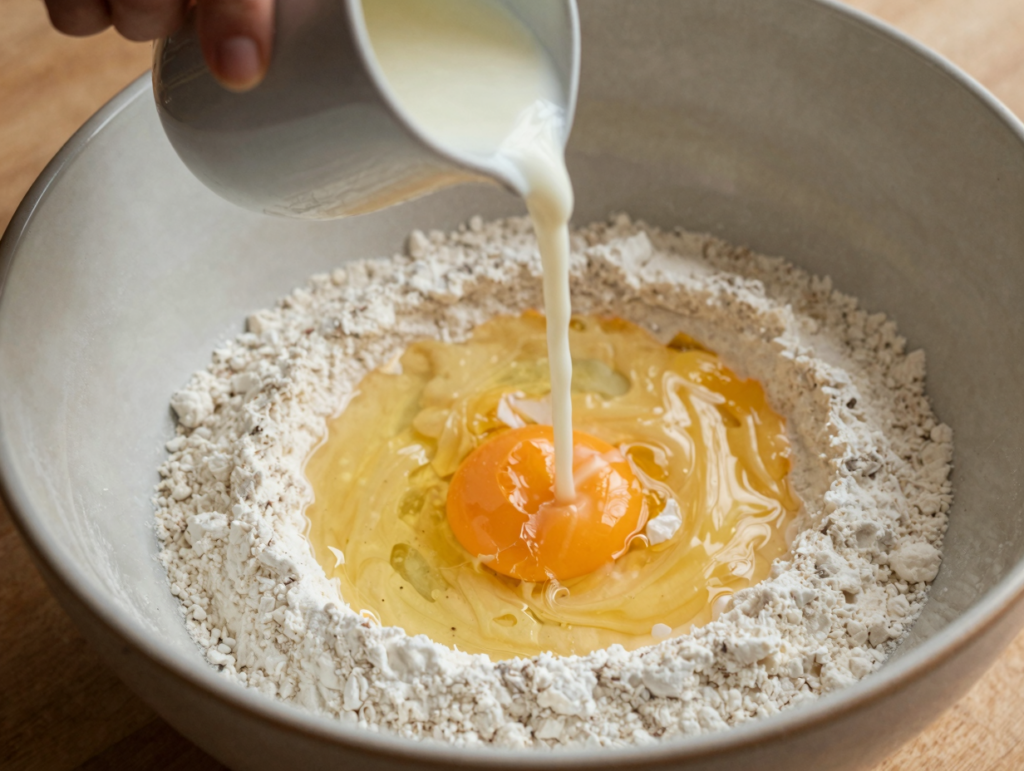 Pâte à crêpes fouettée au centre du puits de farine pendant que le lait est versé en filet
