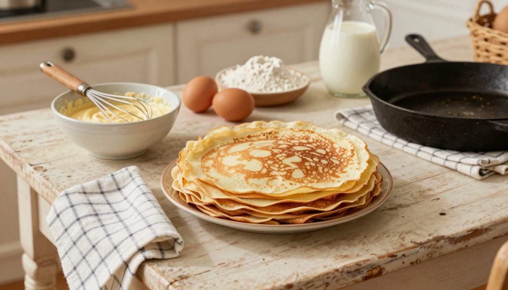Pile de crêpes dorées, saladier de pâte lisse et ingrédients sur une table de cuisine rustique