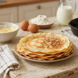 Pile de crêpes dorées, saladier de pâte lisse et ingrédients sur une table de cuisine rustique