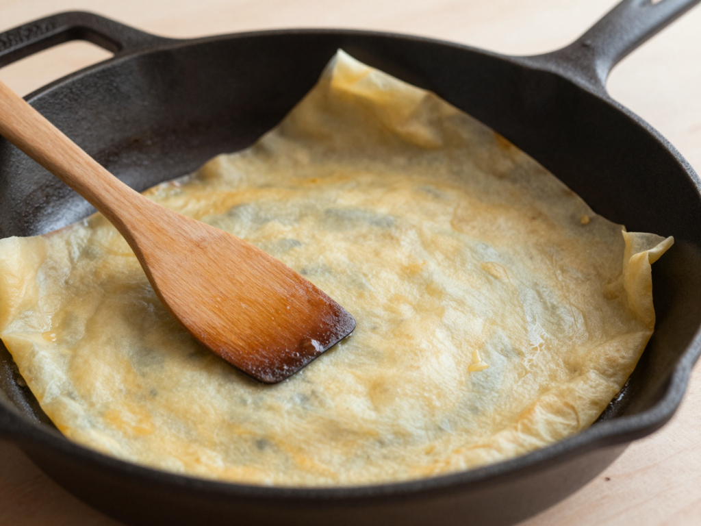 Crêpe fine et dorée en train de cuire dans une poêle en fonte bien culottée