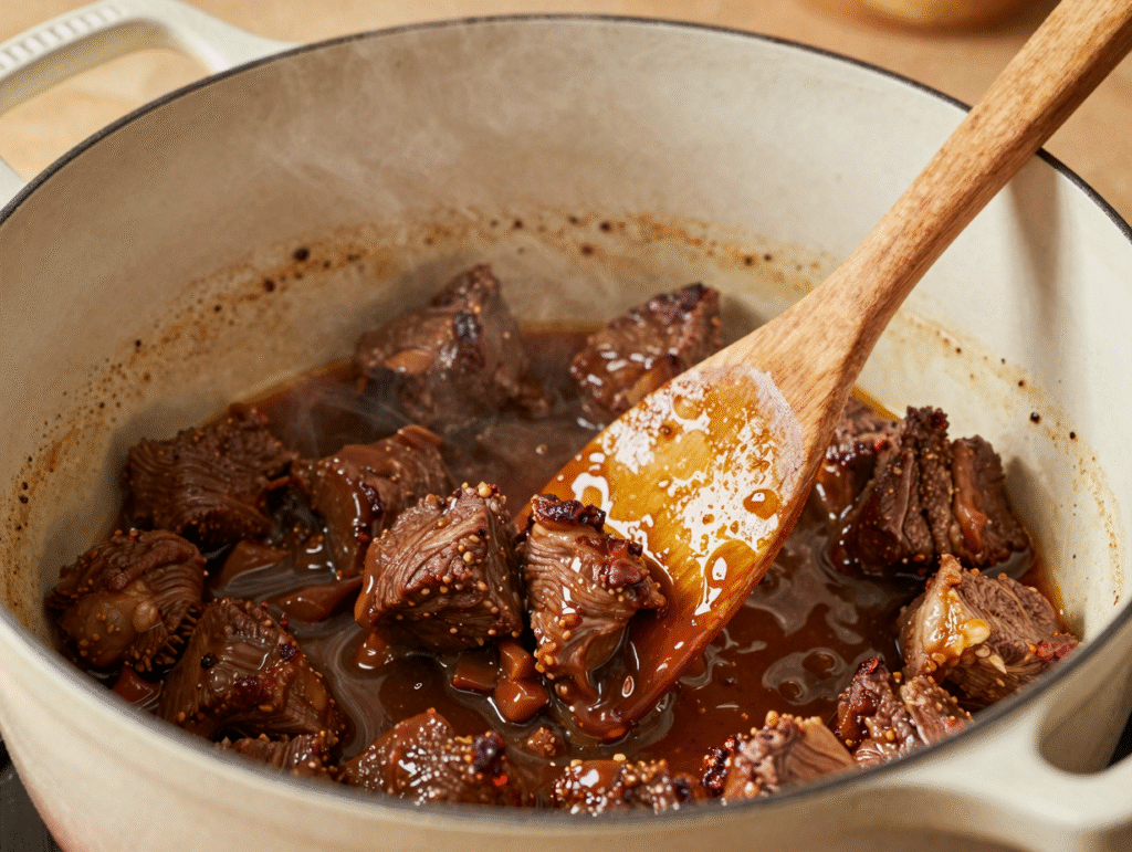 Morceaux de viande bien saisis dans une cocotte, sucs caramélisés décollés à la spatule pendant le déglaçage