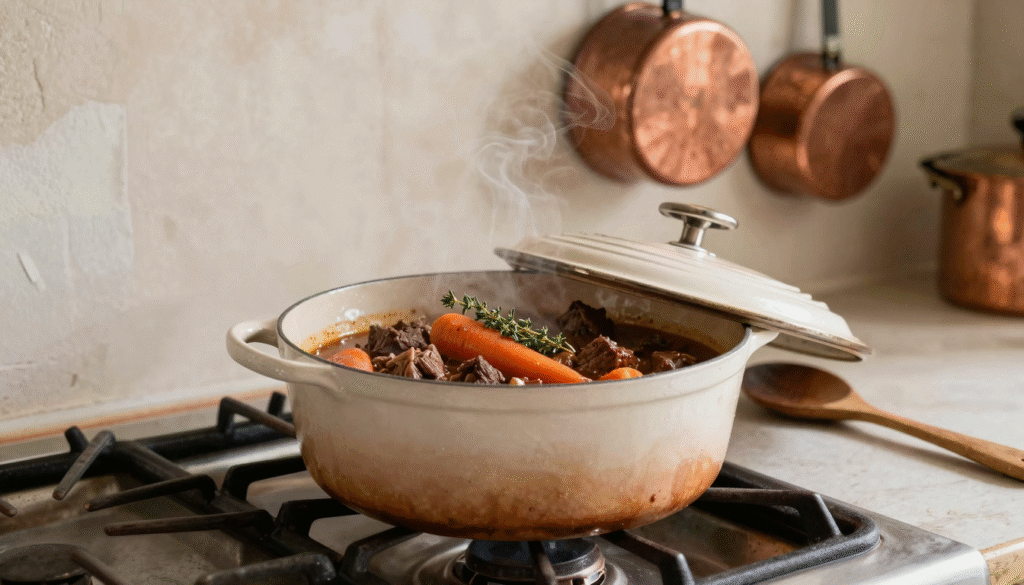 Cocotte en fonte émaillée mijotant à couvercle entrouvert sur une cuisinière, bœuf aux carottes et thym à l'intérieur