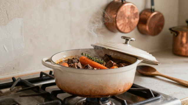 Cocotte en fonte émaillée mijotant à couvercle entrouvert sur une cuisinière, bœuf aux carottes et thym à l'intérieur
