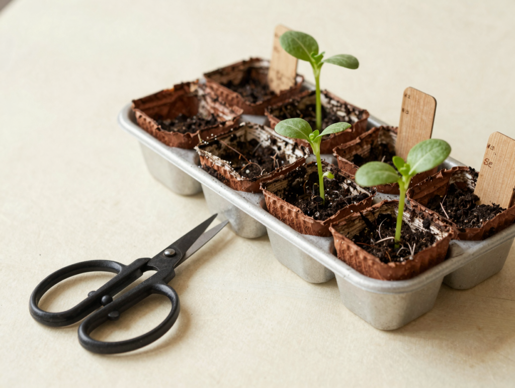 Petits ciseaux posés près de godets éclaircis, un plant par pot et étiquettes en bois
