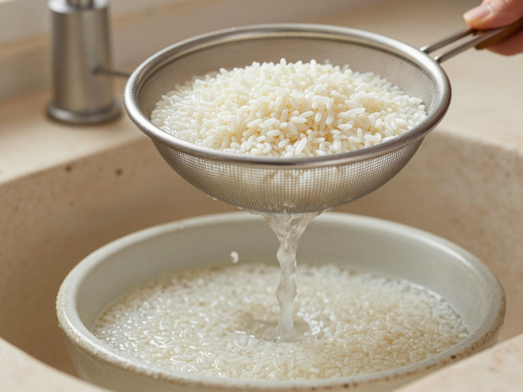 Riz blanc rincé dans une passoire fine au-dessus d'un bol, l'eau troublée par l'amidon