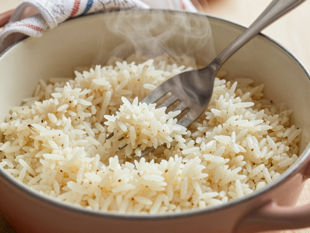 Grains de riz basmati cuits et détachés, aérés à la fourchette dans une casserole fumante