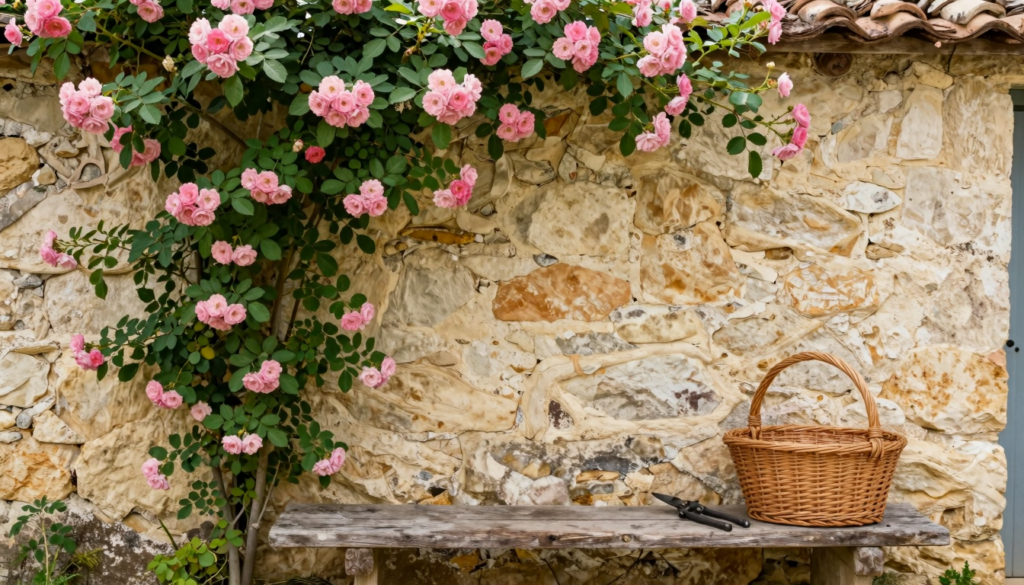 Rosier grimpant couvert de roses roses sur un mur de pierre, sécateur ancien posé sur un banc en bois