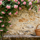 Rosier grimpant couvert de roses roses sur un mur de pierre, sécateur ancien posé sur un banc en bois
