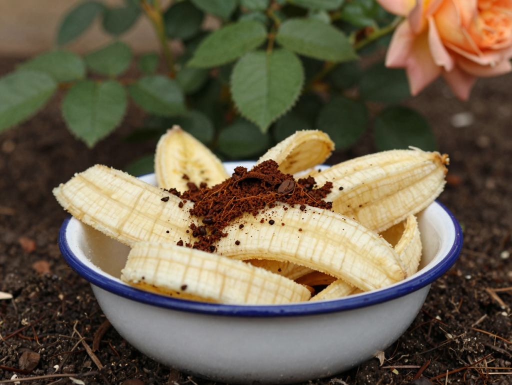 Morceaux de peau de banane et marc de café dans un bol émaillé au pied d'un rosier