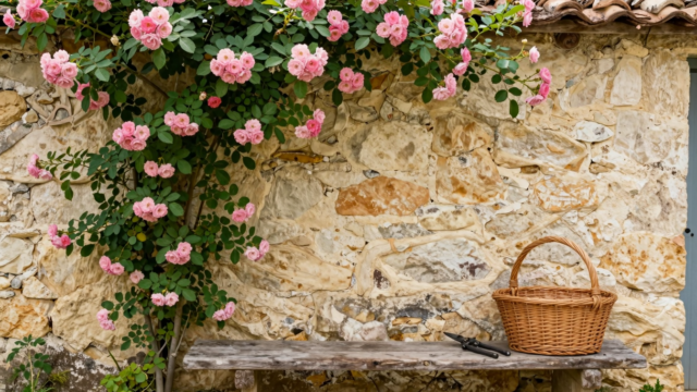 Rosier grimpant couvert de roses roses sur un mur de pierre, sécateur ancien posé sur un banc en bois