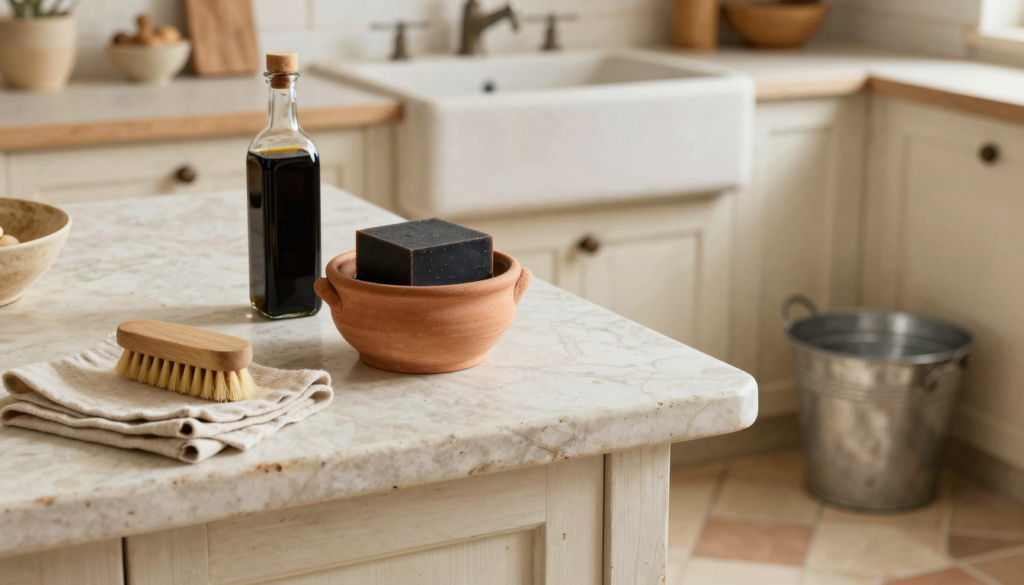 Pot de savon noir mou et flacon de savon noir liquide sur un plan de travail rustique avec brosse en bois et seau en zinc