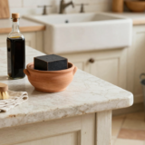 Pot de savon noir mou et flacon de savon noir liquide sur un plan de travail rustique avec brosse en bois et seau en zinc