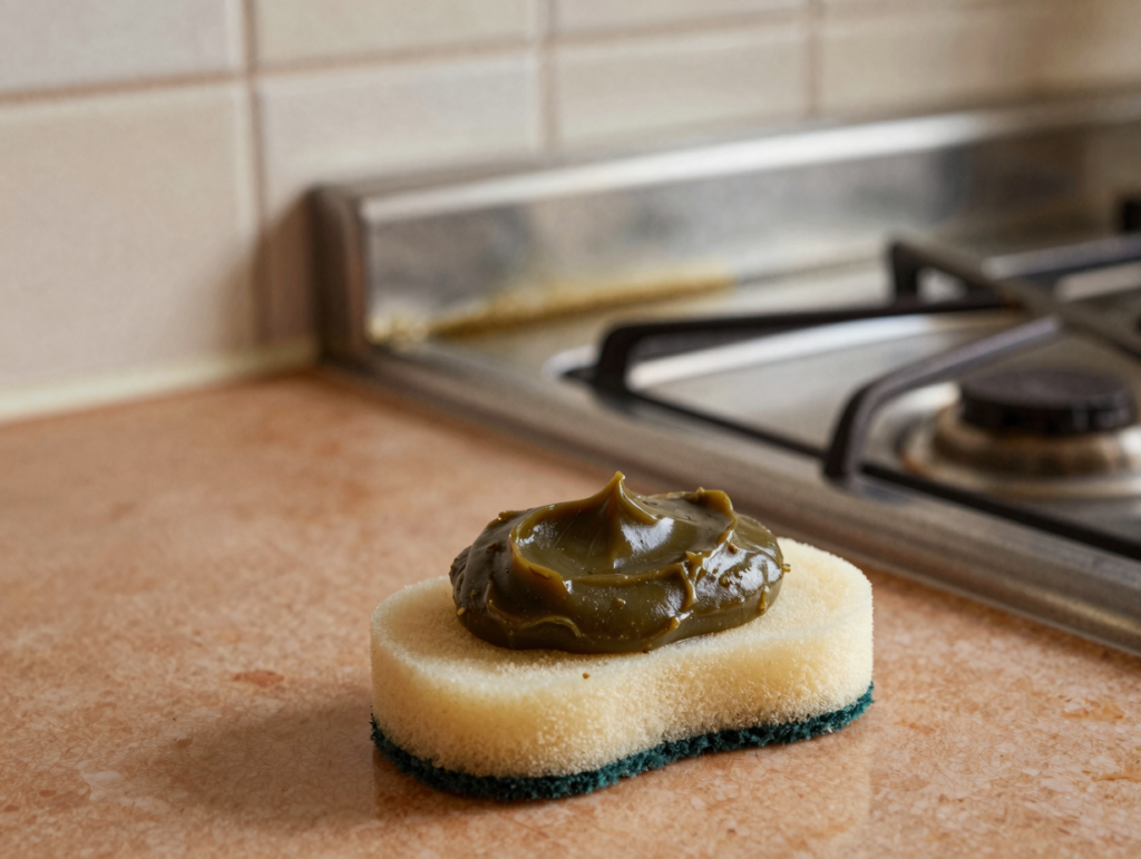 Noisette de savon noir en pâte sur une éponge devant une hotte en inox à moitié dégraissée
