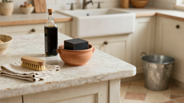 Pot de savon noir mou et flacon de savon noir liquide sur un plan de travail rustique avec brosse en bois et seau en zinc