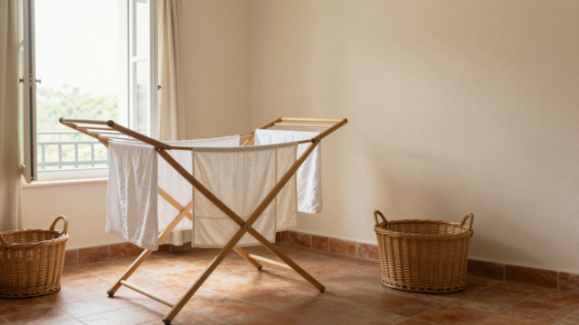 Étendoir en bois avec linge blanc bien espacé près d'une fenêtre ouverte dans une buanderie lumineuse