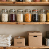 Étagères de garde-manger garnies de bocaux réutilisés remplis de riz et de légumes secs, draps pliés et boîtes en métal anciennes