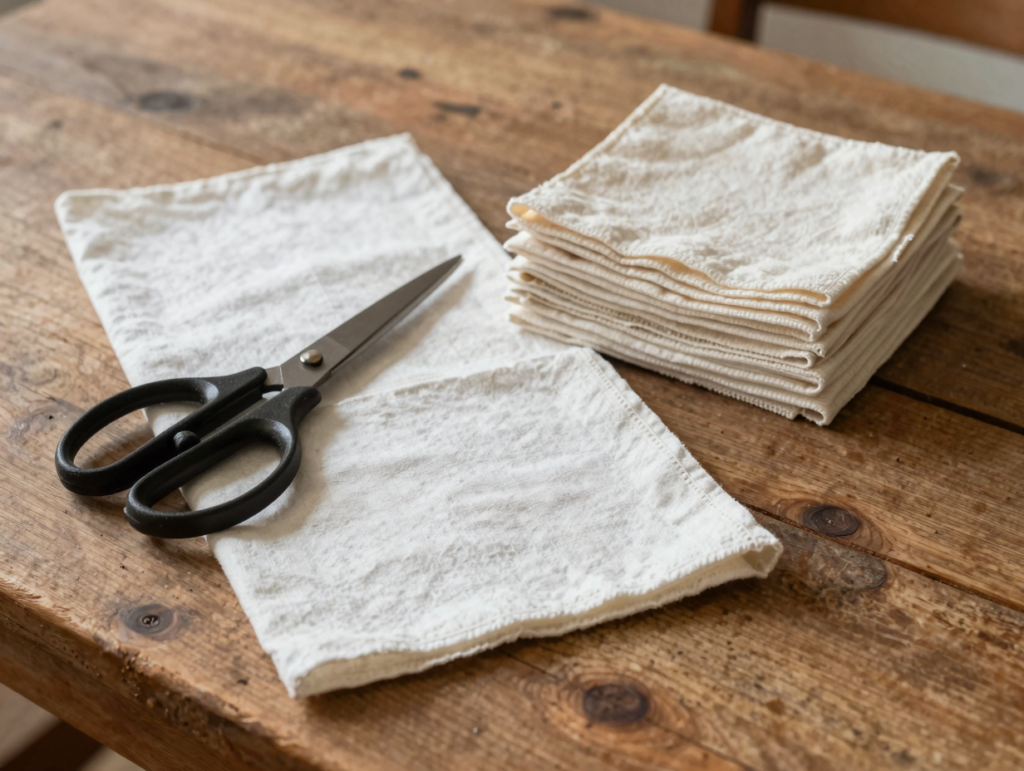 Vieux drap de coton blanc en cours de découpe en carrés de chiffons, pile de carrés pliés à côté