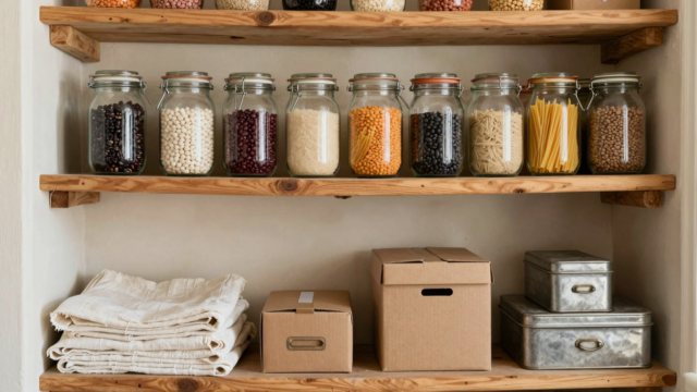 Étagères de garde-manger garnies de bocaux réutilisés remplis de riz et de légumes secs, draps pliés et boîtes en métal anciennes