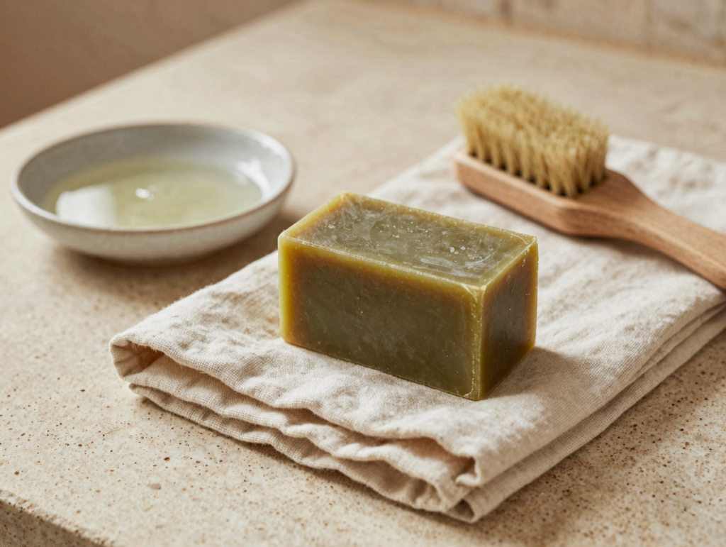 Cube de savon de Marseille posé sur une chemise en lin avec une brosse à taches