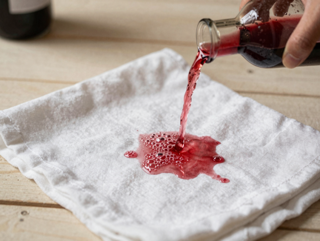 Tamponnage d'une tache de vin rouge avec un linge blanc et de l'eau gazeuse