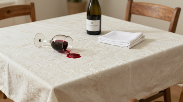 Verre de vin rouge renversé sur une nappe blanche, avec une bouteille d'eau gazeuse prête pour le détachage