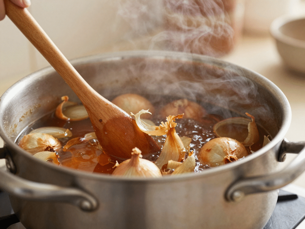 Pelures d'oignon jaunes frémissant dans une casserole en inox, donnant un liquide cuivré