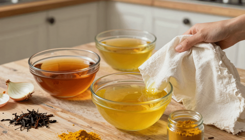 Trois bains de teinture naturelle au thé, aux pelures d'oignon et au curcuma avec du tissu de coton blanc sur une table en bois