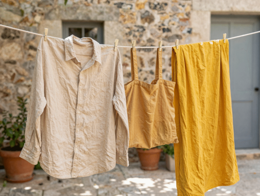 Vêtements teints en beige, doré et jaune curcuma séchant à l'ombre sur un étendoir en bois