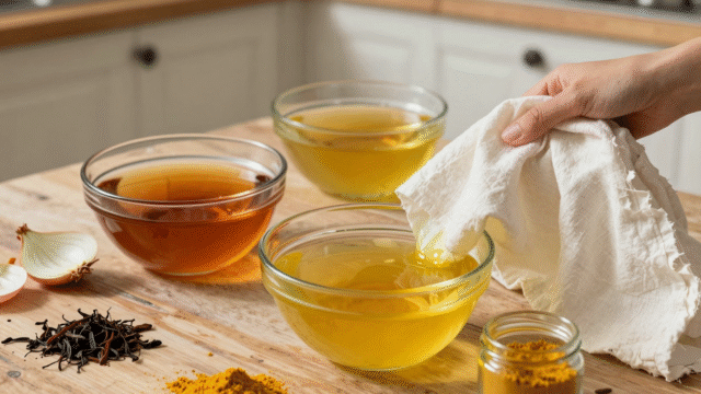 Trois bains de teinture naturelle au thé, aux pelures d'oignon et au curcuma avec du tissu de coton blanc sur une table en bois