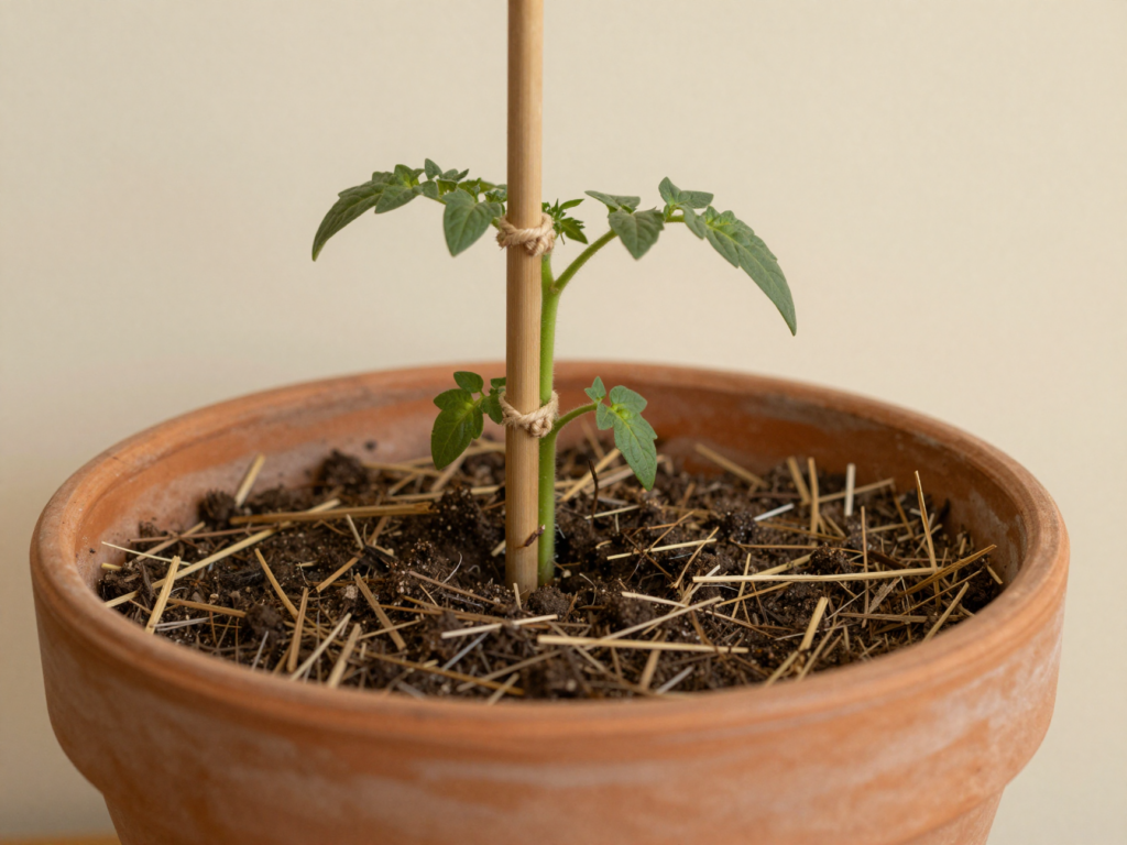 Jeune plant de tomate planté profond dans un grand pot, paillage de paille et tuteur en bambou