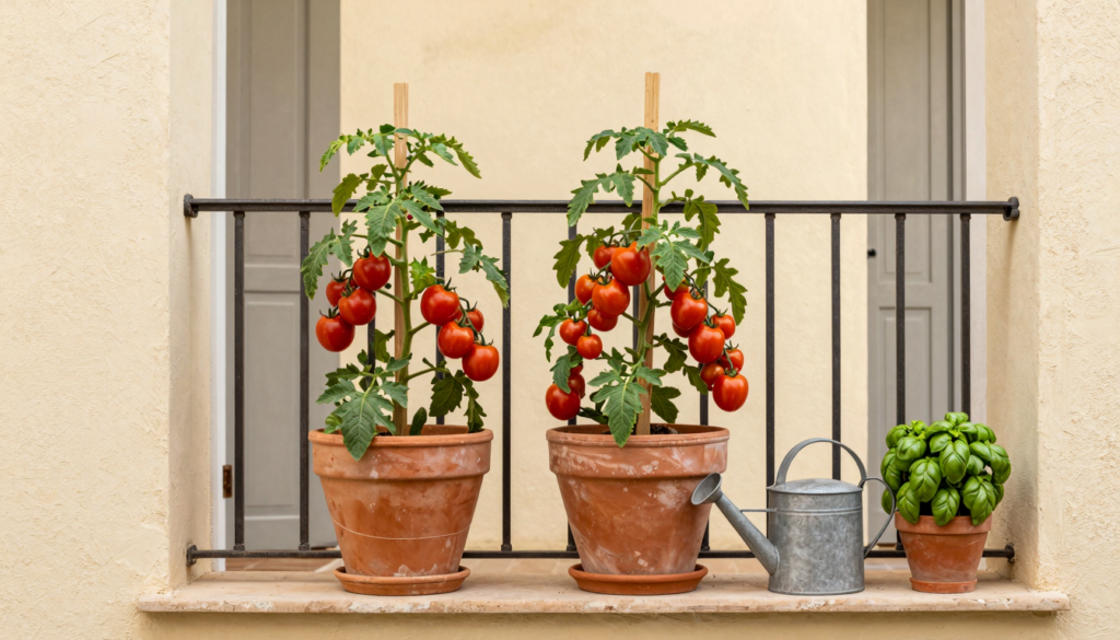 Balcon ensoleillé avec plants de tomates cerises en pots de terre cuite, tuteurs et arrosoir