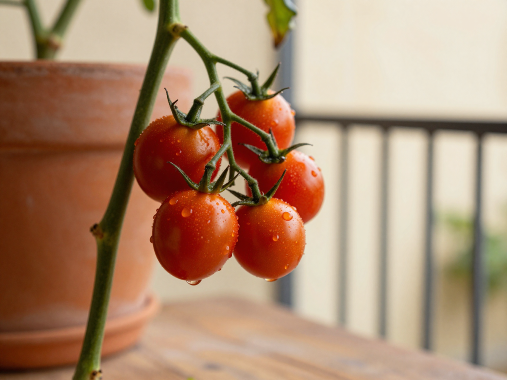 Grappe de tomates cerises mûres sur le plant, perlées de gouttes d'eau du matin