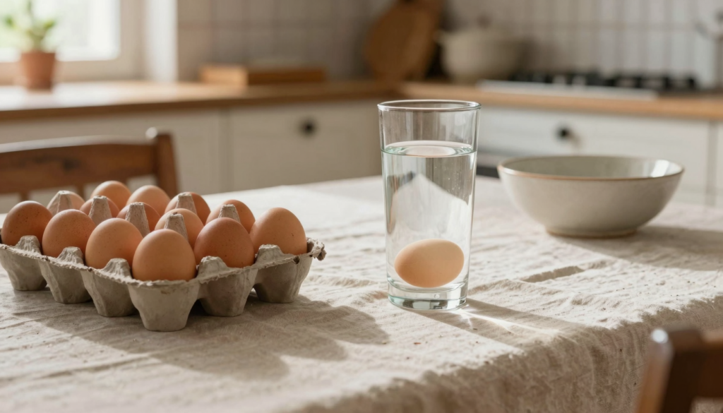 Boîte d'œufs bruns et verre d'eau avec un œuf au fond, sur une table de cuisine rustique