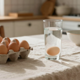 Boîte d'œufs bruns et verre d'eau avec un œuf au fond, sur une table de cuisine rustique