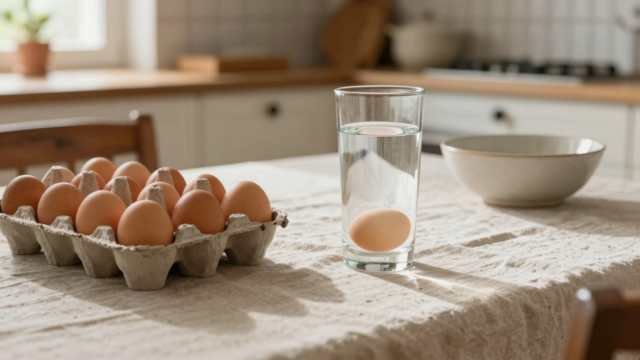 Boîte d'œufs bruns et verre d'eau avec un œuf au fond, sur une table de cuisine rustique