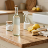 Bouteille de vinaigre blanc entourée d'accessoires de ménage naturels sur un plan de travail de cuisine rustique