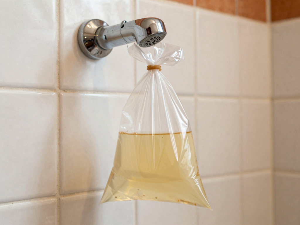 Sachet de vinaigre blanc fixé autour d'un pommeau de douche entartré