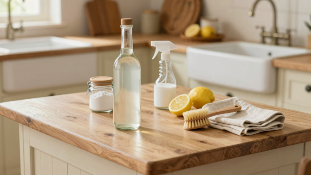 Bouteille de vinaigre blanc entourée d'accessoires de ménage naturels sur un plan de travail de cuisine rustique